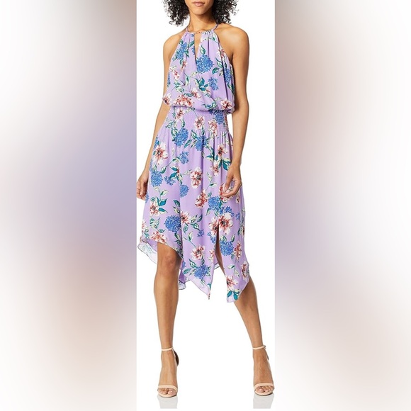 Parker - NWT - Silk/Viscose, lavender floral, asymmetrical, halter style. S - Picture 4 of 5